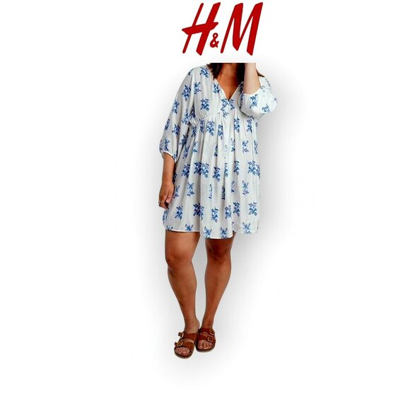 Dreamy Lightweight White/Blue Floral Viscose Babydoll Dress H&M XXL - Picture 1 of 13